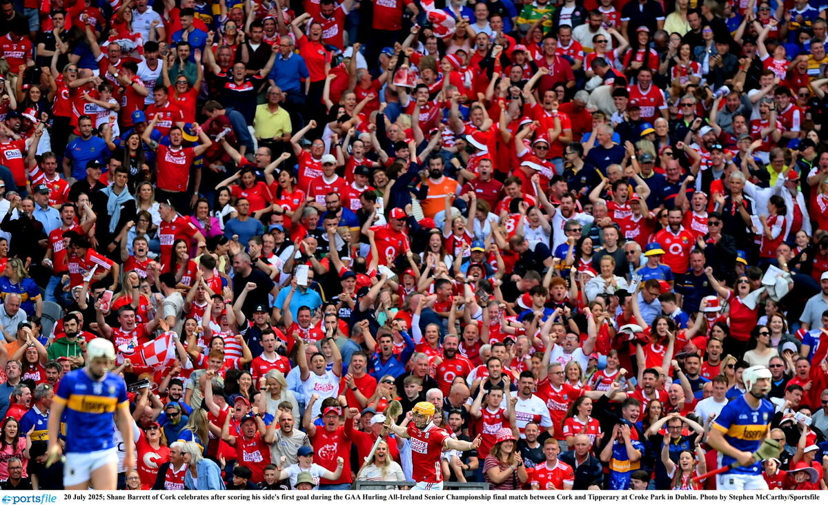 SHORTLIVED: Cork fans and Shane Barrett celebrate the opening goal at Croke Park. Picture: Stephen McCarthy/Sportsfile