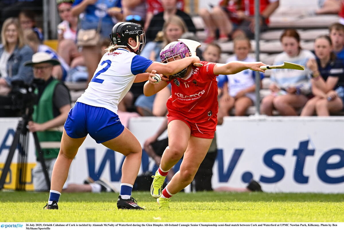 Orlaith Cahalane of Cork is tackled by Alannah McNulty of Waterford. Picture: Ben McShane/Sportsfile Orlaith Cahalane of Cork is tackled by Alannah McNulty of Waterford. Picture: Ben McShane/Sportsfile