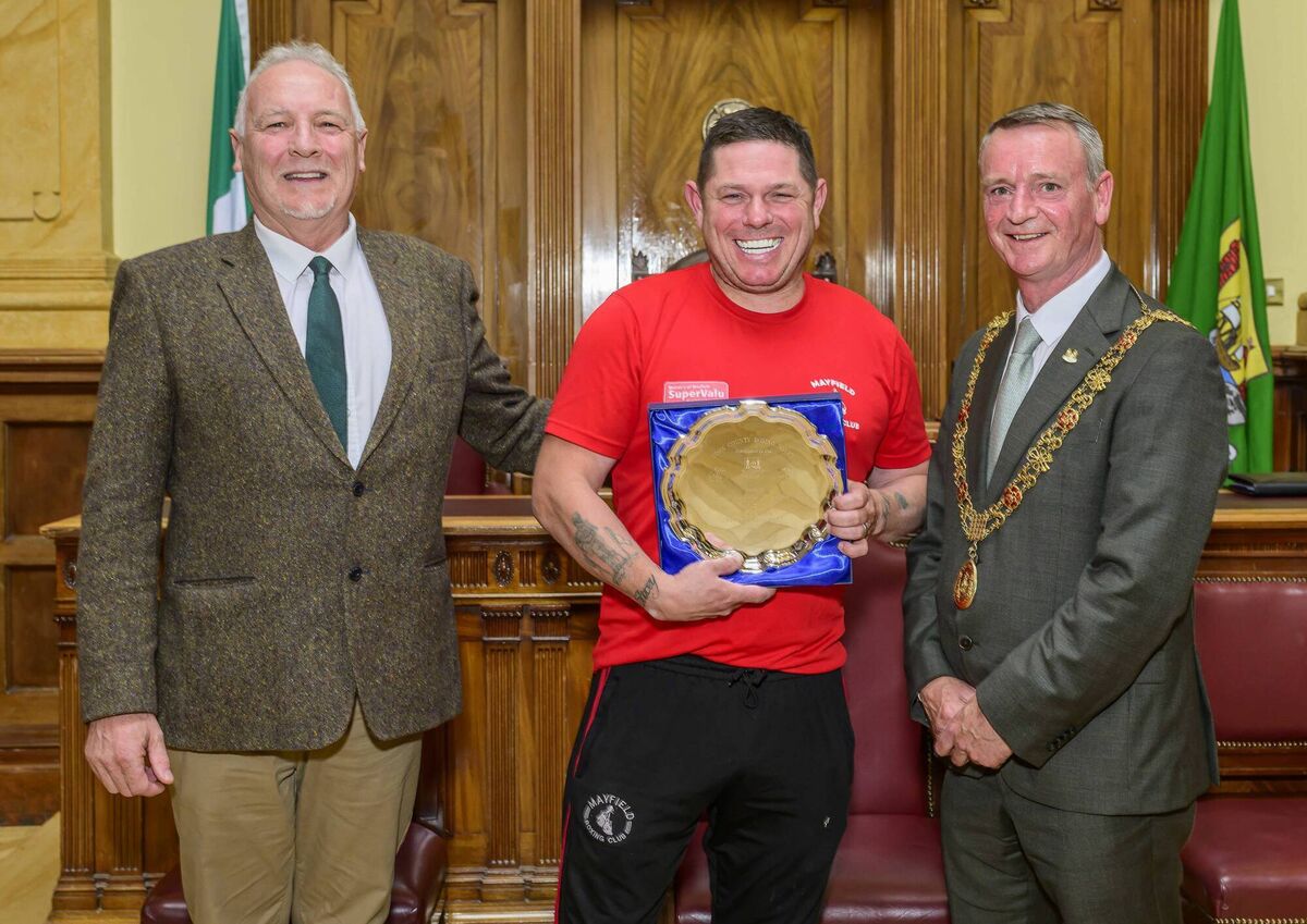 Cork's Boxing Coach of the Year Year, Brian Cronin of Mayfield BC with County Board Sponsor Conal Thomas and Lord Mayor Cllr. Fergal Dennehy at a reception in Cork City Hall. Picture: Doug Minihane