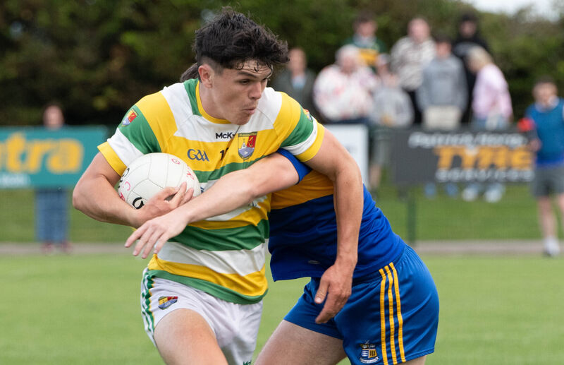 Carbery Rangers' Timmy Cullinane attempts to break away from the arms of Carrigaline's Kieran McCarthy. Picture: Howard Crowdy Carbery Rangers' Timmy Cullinane attempts to break away from the arms of Carrigaline's Kieran McCarthy. Picture: Howard Crowdy