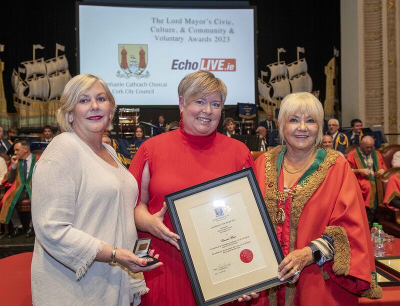 Elmarie Mawe, receiving a Civic Award from the then lord mayor of Cork, Cllr. Deirdre Forde and Ann Doherty, then Chief Executive, Cork City Council in 2023 in recognition of her outstanding contribution to the Arts through her radio show The Arts House. Picture: Brian Lougheed