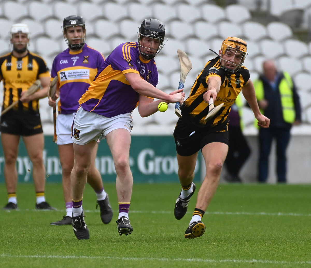  3rd November 2024 St. Catherine's James Neville shoots from Russell rover's Kieran Walsh during the Co-Op Superstores Premier JHC final at SuperValu Páirc Ui Chaoimh. Picture: Eddie O'Hare