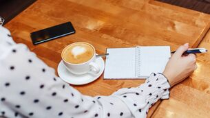 <p>Business woman in cafe sitting and writing in notebook</p>