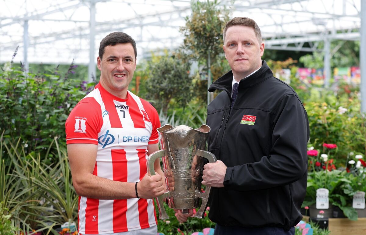 Imokilly's John Cronin with Jerry Riordan, Co-op SuperStores retail operations manager at the launch of the Cork county hurling championships in Mallow. Picture: Jim Coughlan