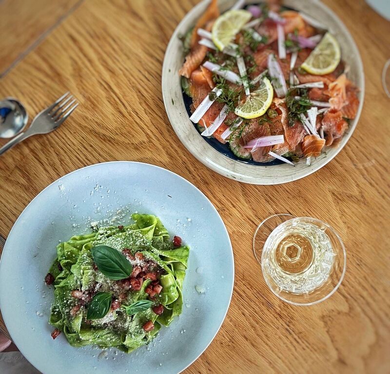 Di Curtin's Fettuccine with spinach pesto and smoked salmon salad