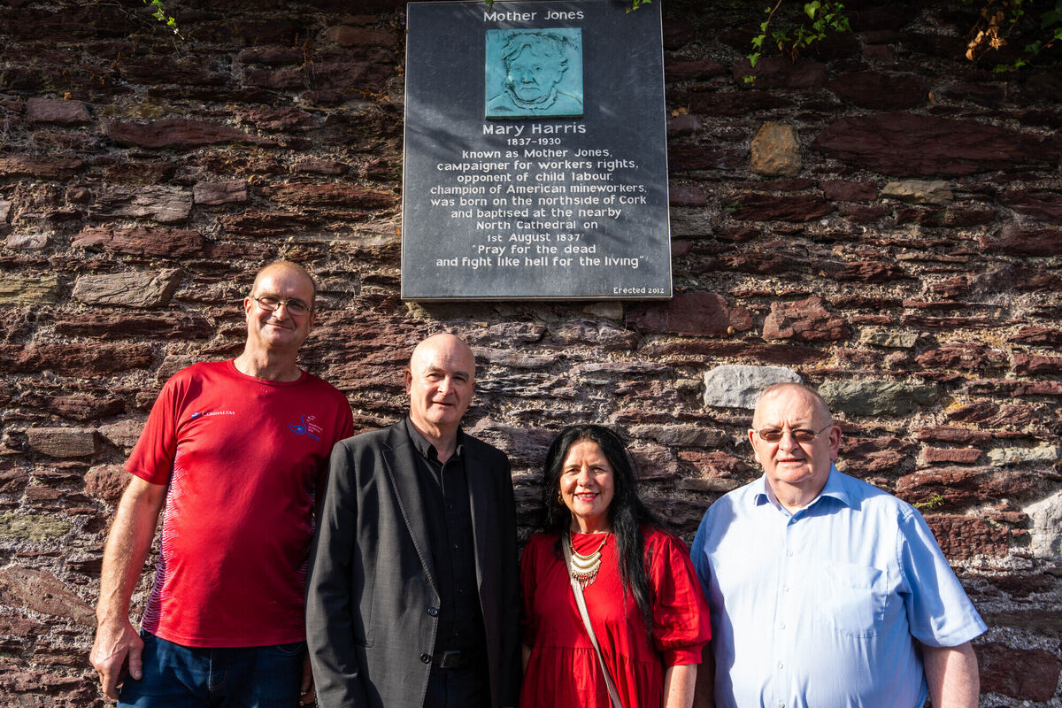 Gerald Murphy, Mick Lynch, Ann Piggott, and James Nolan at the plaque dedicated to memory of Mother Jones in Shandon. Picture: Noel Sweeney