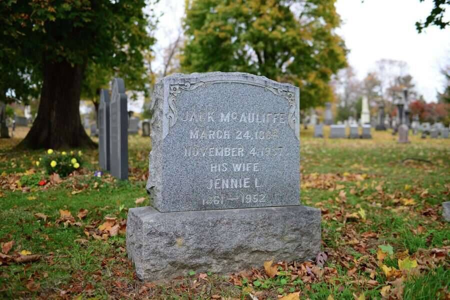 McAuliffe’s gravestone in Albany Rural Cemetery, Menands, New York State.