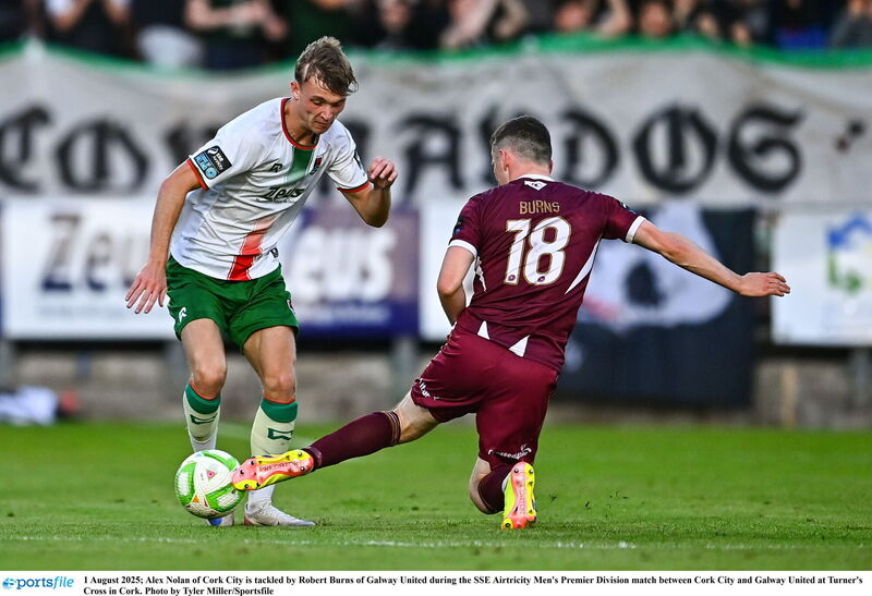 Alex Nolan of Cork City is tackled by Robert Burns of Galway United during the SSE Airtricity Men's Premier Division match between Cork City and Galway United at Turner's Cross in Cork. Picture: Tyler Miller/Sportsfile