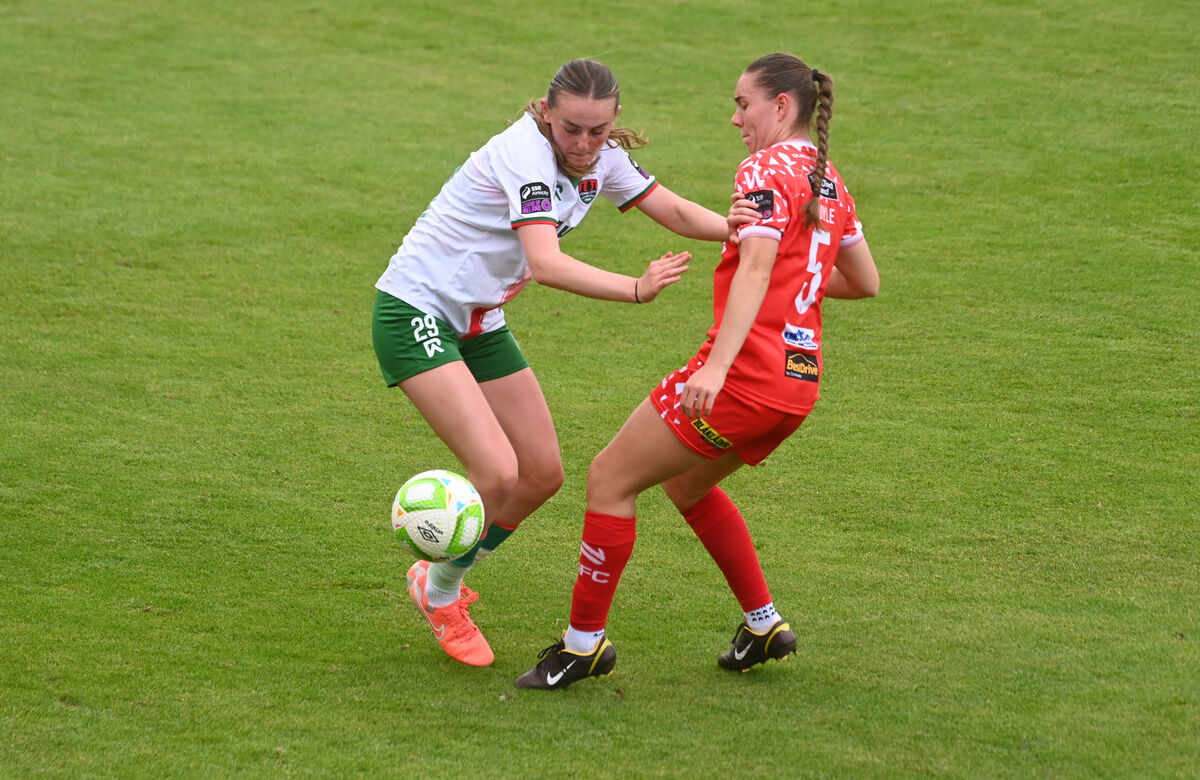  16 year old Holly O'Hagan , making her competitive debut for Cork City against Leah Doyle, Shelbourne in the SSE Airtricity Women's Premier Division 2025 game at Turner's Cross, Cork. Picture: Larry Cummins