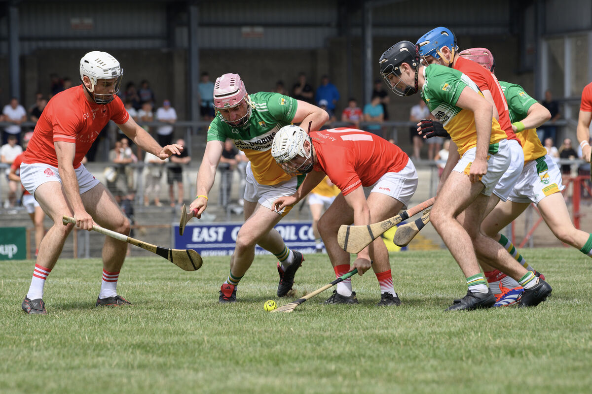 Denis McSweeney of Blarney fighting for this breaking ball with Shane O'Connor, of Bride Rovers. Picture: Dan Linehan