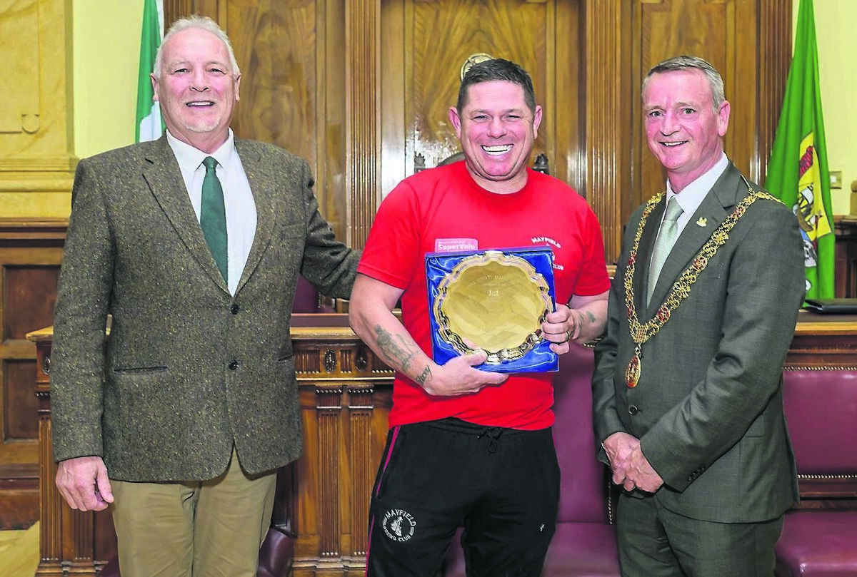 Cork’s boxing coach of the year Brian Cronin of Mayfield Boxing Club with County Board sponsor Conal Thomas and Lord Mayor Cllr Fergal Dennehy at a boxing awards reception in Cork City Hall.	Picture: Doug Minihane
                    