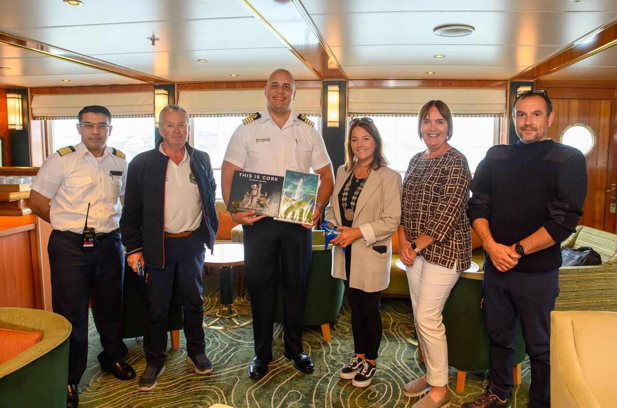 Marking the inaugural cruise liner visit were, from left: Robert Lamond, hotel manager; Diarmuid Minihane, Schull harbour master; Jose Fonseca, captain; Cllr Caroline Cronin; Noreen O’Mahony, Cork County Council and Julian Renault, senior harbour master, Cork County Council. Picture: John Allen