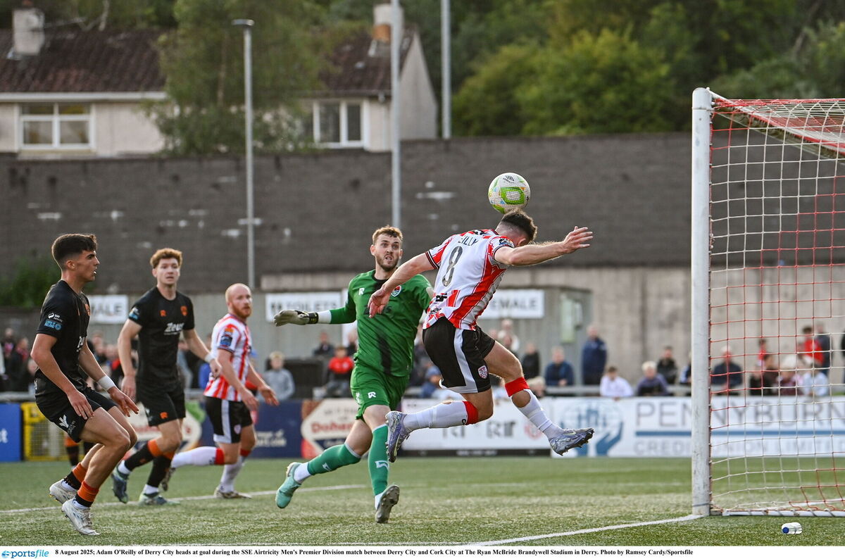Adam O'Reilly of Derry City heads at goal during. Picture: Ramsey Cardy/Sportsfile