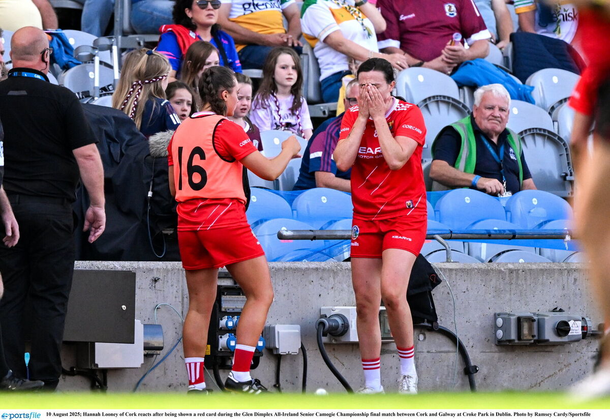 Hannah Looney of Cork reacts after being shown a red card. Picture: Ramsey Cardy/Sportsfile