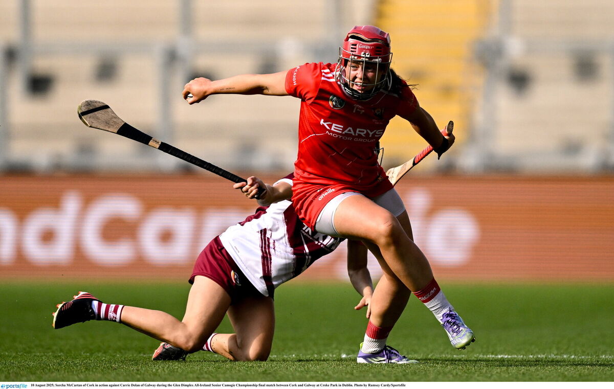 Sorcha McCartan of Cork in action against Carrie Dolan of Galway. Picture: Ramsey Cardy/Sportsfile