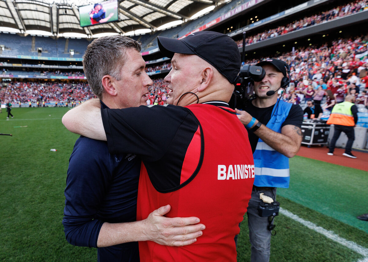Galway manager Cathal Murray with Cork's Ger Manley after the final whistle. Picture: INPHO/Ben Brady