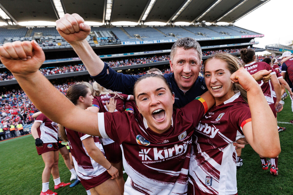 Galway Manager Cathal Murray celebrates with Mairead Dillon and Ciara Hickey. Picture: INPHO/Ben Brady