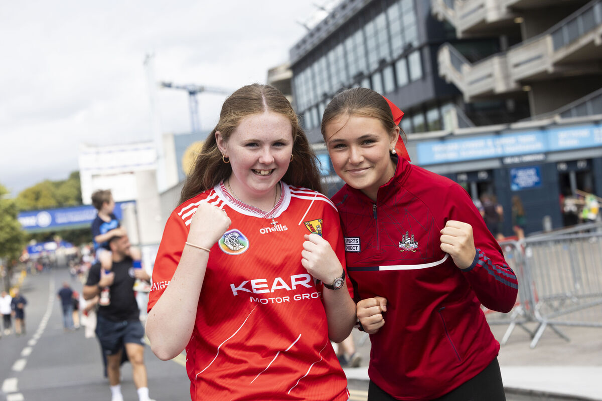 Orlaith Walsh and Kelly Ginnifer Burke from Co Cork outside Croke Park ahead of the All Ireland Camogie Snr Final with Galway vs Cork. Photo: Sam Boal/Collins photos
