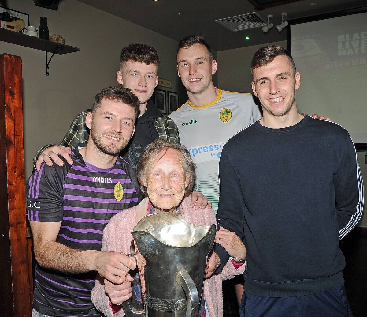 Gavin Connolly (left) with his brother Alan, cousins Niall and John Cashman and grandmother Ann Cashman after the 2020 Co-op SuperStores Premier SHC final win over Glen Rovers. Picture: George Hatchell