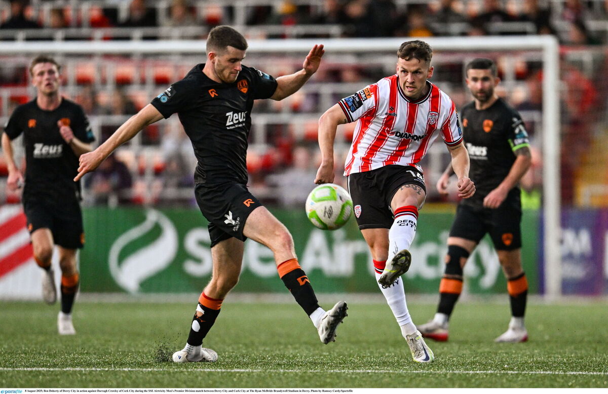 Ben Doherty of Derry City in action against Darragh Crowley of Cork City during the SSE Airtricity Men's Premier Division match last Friday at the Brandywell Stadium in Derry. Picture: Ramsey Cardy/Sportsfile