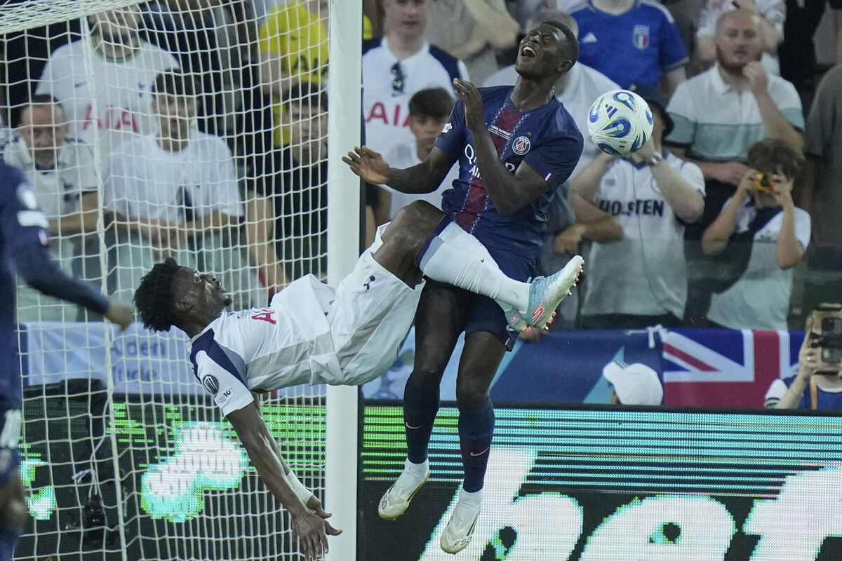 Tottenham's Mohammed Kudus tries a bicycle kick by PSG's Nuno Mendesduring the UEFA Super Cup soccer in Udine, Italy, on Wednesday. Picture: AP Photo/Darko Bandic Tottenham's Mohammed Kudus tries a bicycle kick by PSG's Nuno Mendesduring the UEFA Super Cup soccer in Udine, Italy, on Wednesday. Picture: AP Photo/Darko Bandic
