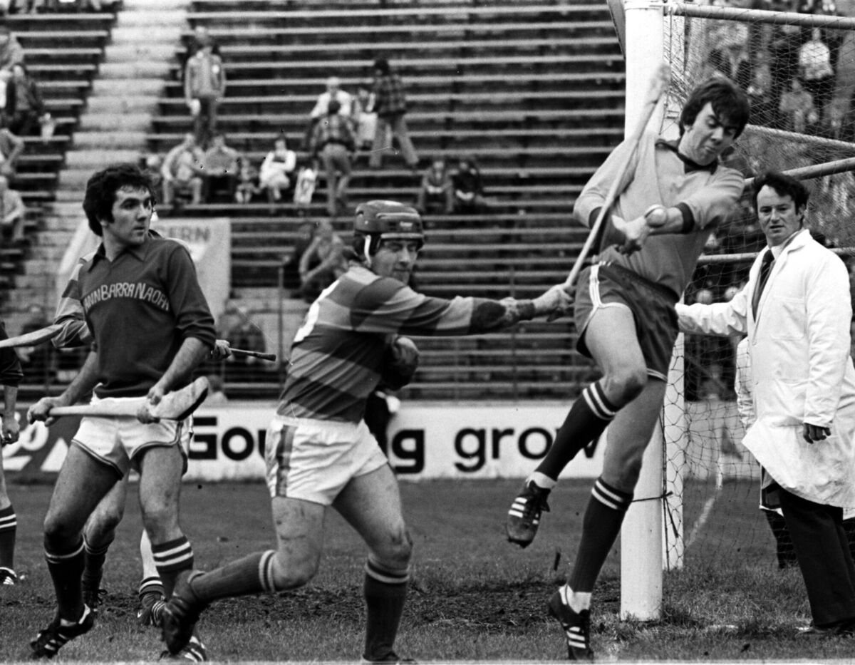 Action from the 1979 Blackrock v St Finbarr's final at Páirc Uí Chaoimh, with current Barrs manager Ger Cunningham clearing his lines. 