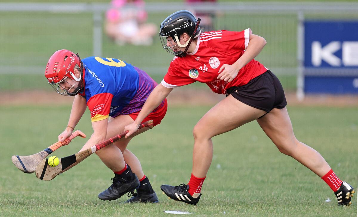  Libby Coppinger Carbery, is tackled by Casey Coleman, Seandún. Picture: Jim Coughlan.