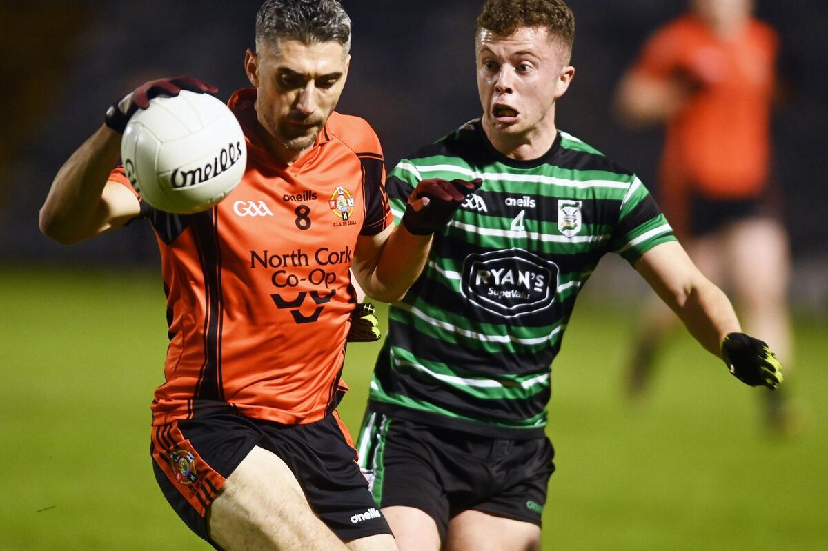 Duhallow's Seamus Hickey is tackled by Douglas' Dylan Ward during the Bon Secours Cork Premier SFC quarter final at Pairc Ui Rinn in 2023. Picture: Eddie O'Hare Duhallow's Seamus Hickey is tackled by Douglas' Dylan Ward during the Bon Secours Cork Premier SFC quarter final at Pairc Ui Rinn in 2023. Picture: Eddie O'Hare