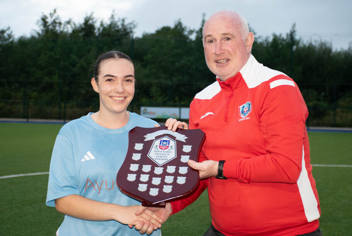 Stephen Mulcahy CWSSL, presents the CWSSL Junior Ladies Div 2 trophy to Avondale captain Ellie Smyth following their final game of the season against Springfield Ramblers. Picture: Howard Crowdy