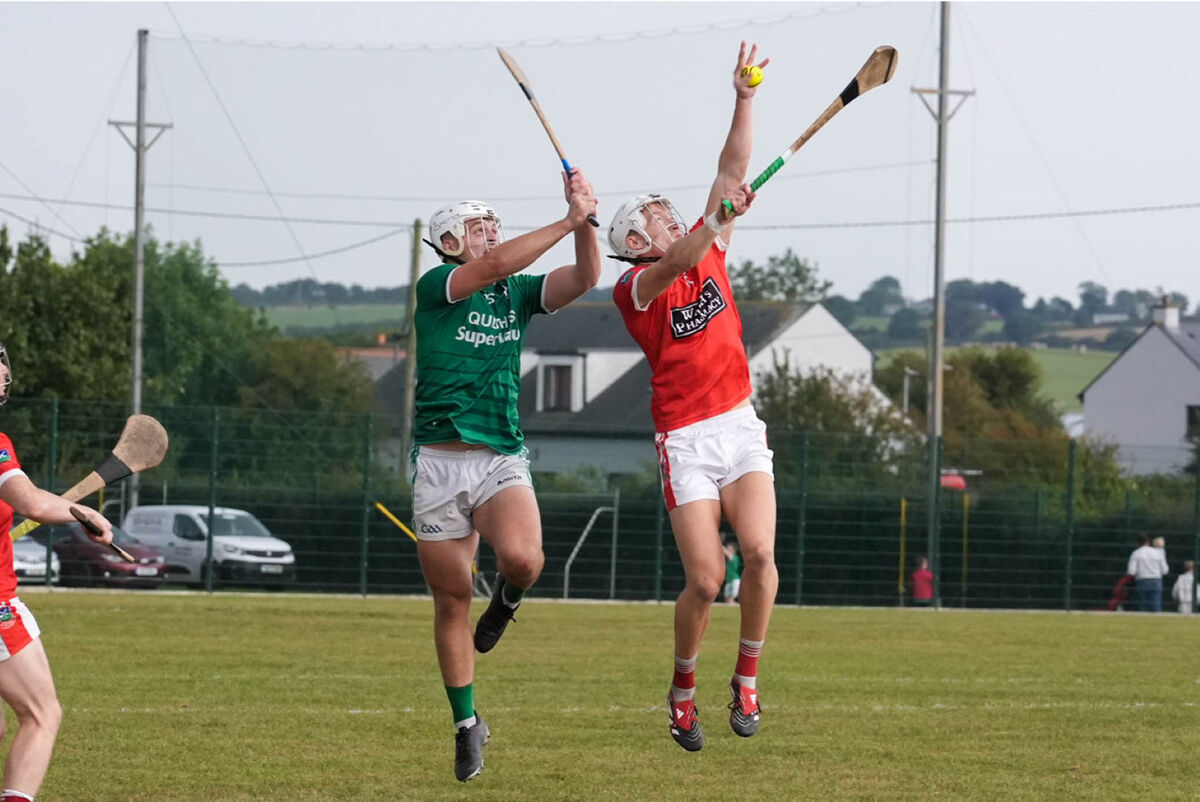 Ballincollig’s David O’Sullivan and Kilworth's Eoin rise high for the sliotar. Picture: Noel Sweeney Ballincollig’s David O’Sullivan and Kilworth's Eoin rise high for the sliotar. Picture: Noel Sweeney