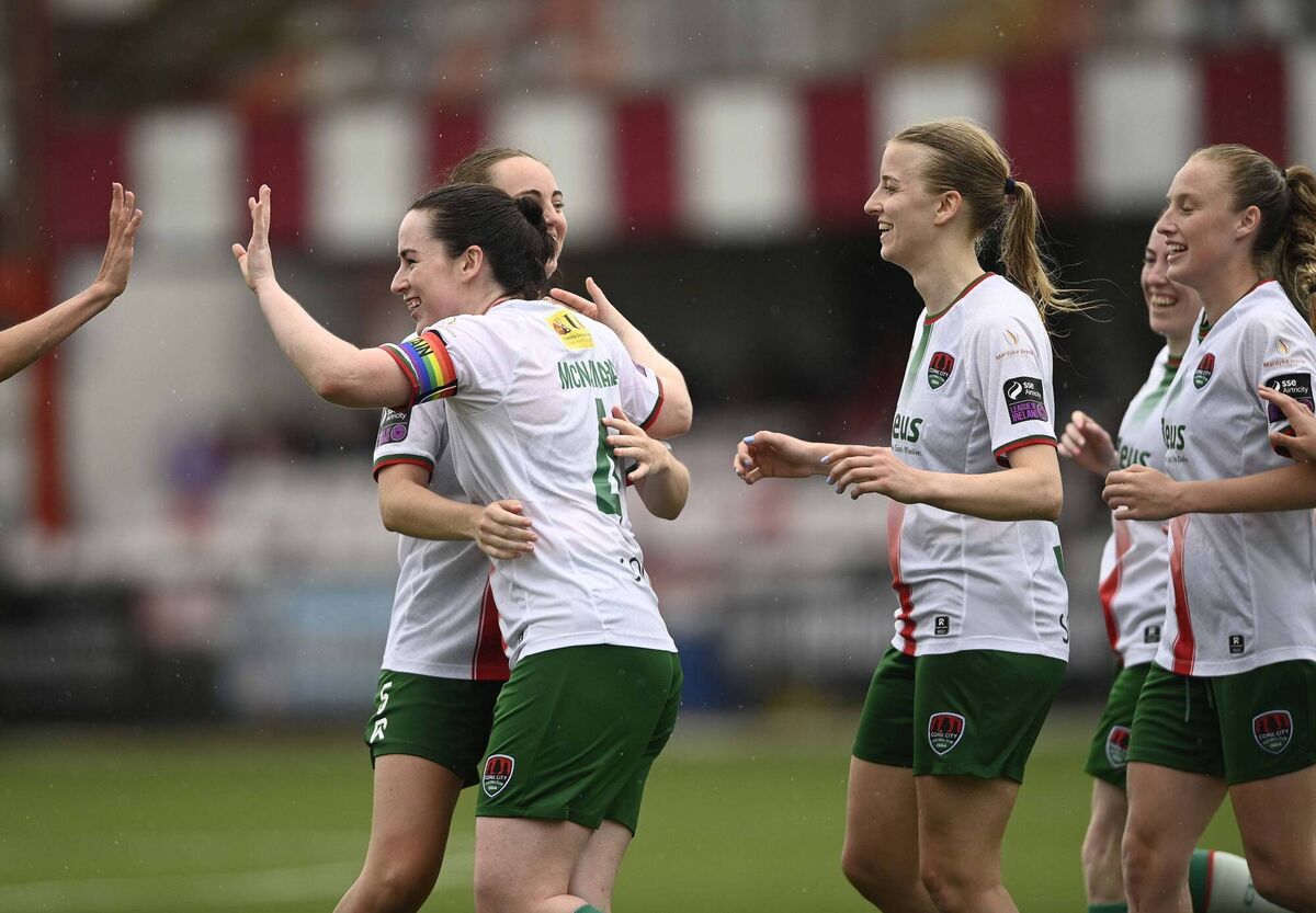 Cork City’s Ciara McNamara [left] celebrates as Cork City equalize in the dying minutes of the game Picture Mark Marlow