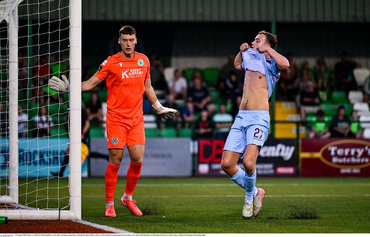 Harvey Cribb of Cobh Ramblers reacts after missing a goal chance during the Sports Direct Men’s FAI Cup third round match between Kerry FC and Cobh Ramblers at Mounthawk Park in Tralee, Kerry. Photo by Brendan Moran/Sportsfile Harvey Cribb of Cobh Ramblers reacts after missing a goal chance during the Sports Direct Men’s FAI Cup third round match between Kerry FC and Cobh Ramblers at Mounthawk Park in Tralee, Kerry. Photo by Brendan Moran/Sportsfile