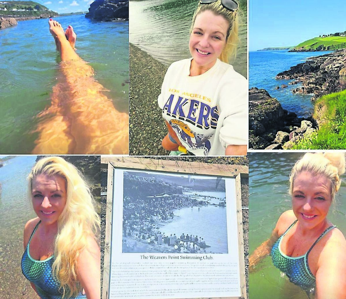 Emer O’Callaghan make-up free, wearing a Lakers jumper and shorts from Sports Direct, on the Crosshaven to Church Bay Coastal Walk. Also, sea swimming in her mermaid togs from The Edge, Cork. Also pictured is the view from the coastal walk and one of the pictures of the history of the swimming galas of 1930s on Graball Bay Beach, Camden, Cork Emer O’Callaghan make-up free, wearing a Lakers jumper and shorts from Sports Direct, on the Crosshaven to Church Bay Coastal Walk. Also, sea swimming in her mermaid togs from The Edge, Cork. Also pictured is the view from the coastal walk and one of the pictures of the history of the swimming galas of 1930s on Graball Bay Beach, Camden, Cork