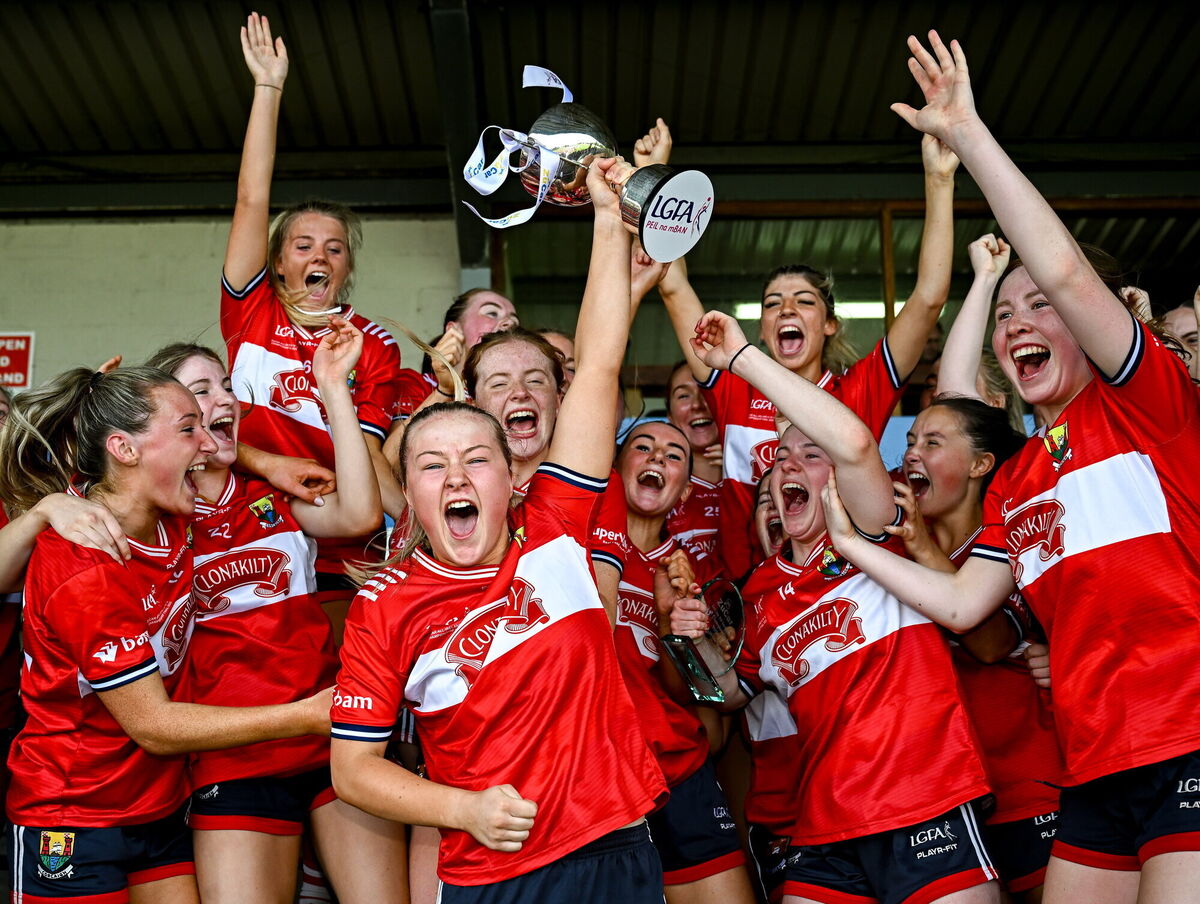 Cork captain Allie Tobin celebrates with teammates. Picture: Seb Daly/Sportsfile