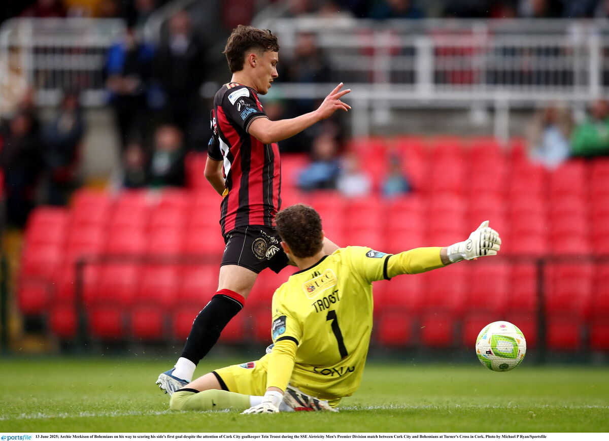 Archie Meekison of Bohemians on his way to scoring his side's first goal despite the attention of Cork City goalkeeper Tein Troost during the SSE Airtricity Men's Premier Division match between Cork City and Bohemians at Turner's Cross in Cork. Picture: Michael P Ryan/Sportsfile Archie Meekison of Bohemians on his way to scoring his side's first goal despite the attention of Cork City goalkeeper Tein Troost during the SSE Airtricity Men's Premier Division match between Cork City and Bohemians at Turner's Cross in Cork. Picture: Michael P Ryan/Sportsfile