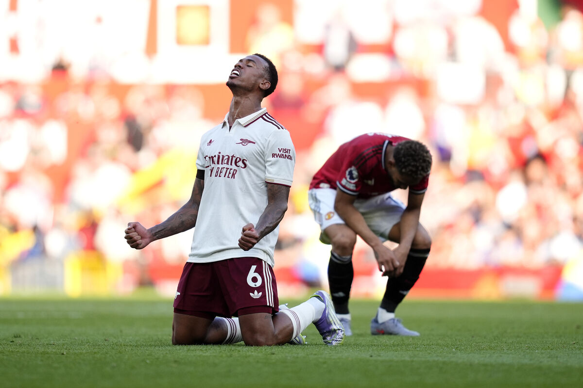 Manchester United's Matheus Cunha (right) dejected as Arsenal's Gabriel celebrates after the final whistle in the Premier League match at Old Trafford, Manchester. Manchester United's Matheus Cunha (right) dejected as Arsenal's Gabriel celebrates after the final whistle in the Premier League match at Old Trafford, Manchester.