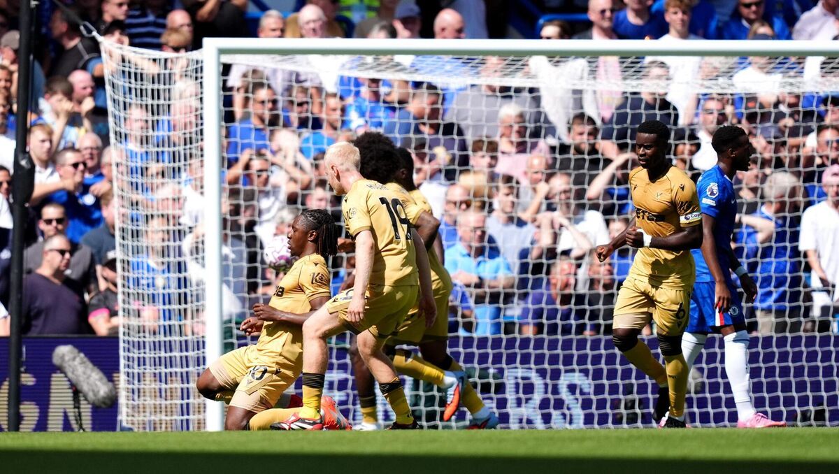 Crystal Palace's Eberechi Eze celebrates his goal against Chelsea, disallowed after a VAR check for a wall infringement, during the Premier League match at Stamford Bridge, London. Picture: John Walton/PA Wire Crystal Palace's Eberechi Eze celebrates his goal against Chelsea, disallowed after a VAR check for a wall infringement, during the Premier League match at Stamford Bridge, London. Picture: John Walton/PA Wire
