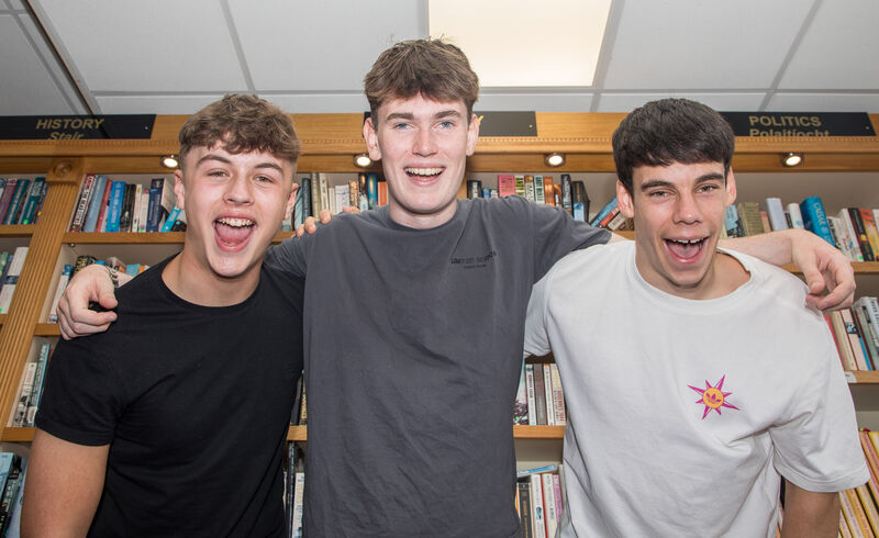 Zak Gilley, Luke Kiely and James Ryan celebrate after getting an incredible 7 H1 grades in their Leaving Cert at Christian Brothers College in Cork. Picture: David Creedon