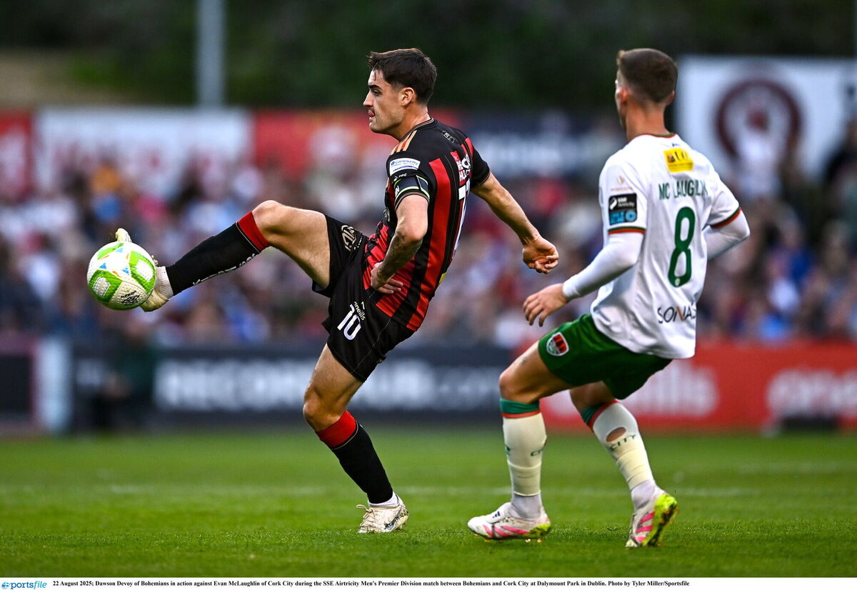 Dawson Devoy of Bohemians in action against Evan McLaughlin of Cork City. Picture: Tyler Miller/Sportsfile Dawson Devoy of Bohemians in action against Evan McLaughlin of Cork City. Picture: Tyler Miller/Sportsfile