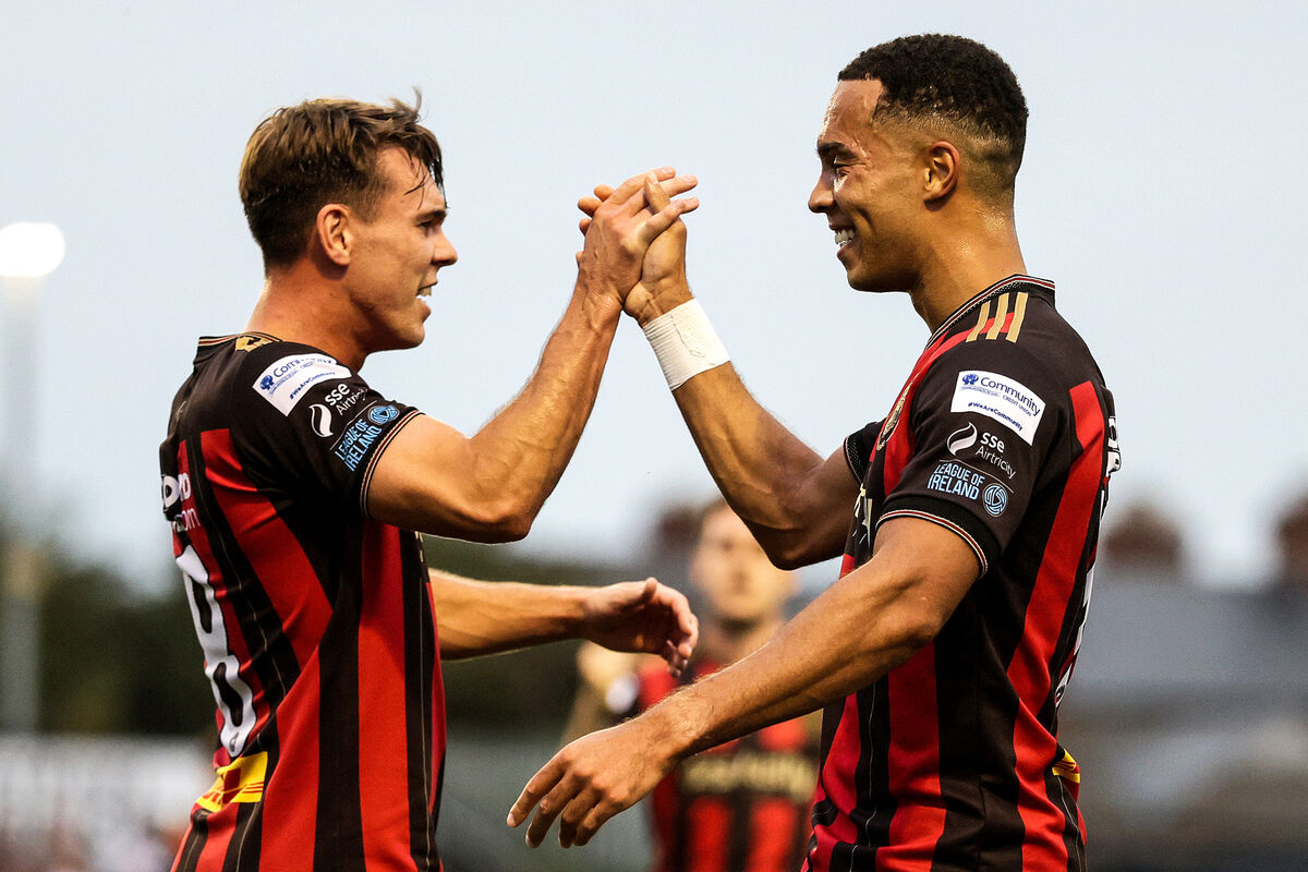 Bohemians' Douglas James-Taylor celebrates scoring the first goal with Dayle Rooney. Picture: ©INPHO/Laszlo Geczo Bohemians' Douglas James-Taylor celebrates scoring the first goal with Dayle Rooney. Picture: ©INPHO/Laszlo Geczo