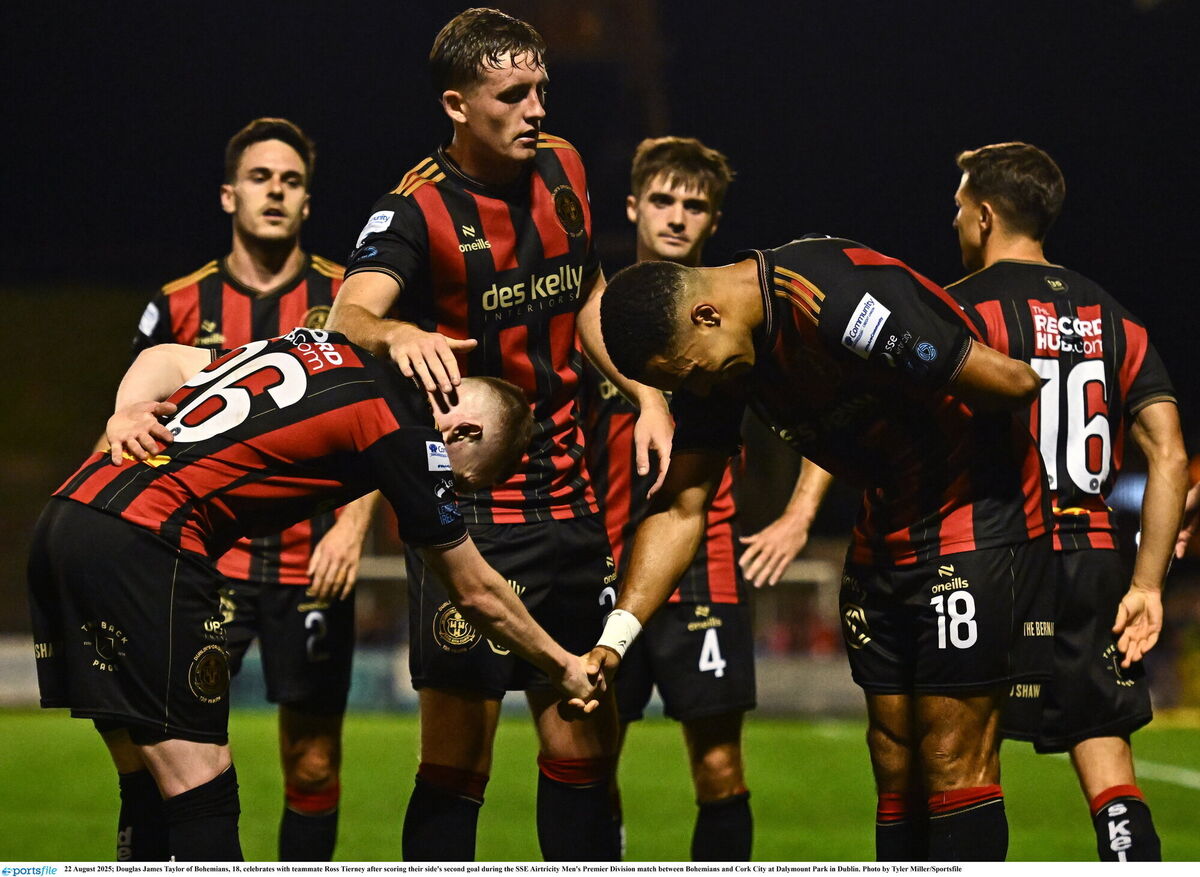 Douglas James Taylor of Bohemians, 18, celebrates with teammate Ross Tierney after scoring their side's second goal. Picture: Tyler Miller/Sportsfile Douglas James Taylor of Bohemians, 18, celebrates with teammate Ross Tierney after scoring their side's second goal. Picture: Tyler Miller/Sportsfile