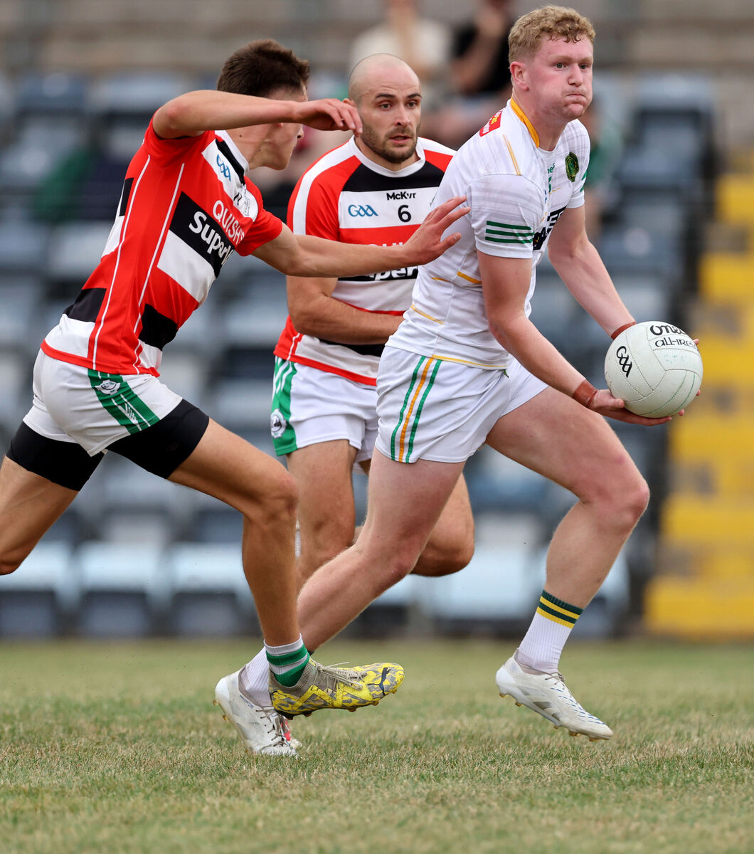 Ben O'Connell and Frank Down, Ballincollig, tracking Rory O'Shaughnessy, St Michael's. Picture: Jim Coughlan. Ben O'Connell and Frank Down, Ballincollig, tracking Rory O'Shaughnessy, St Michael's. Picture: Jim Coughlan.