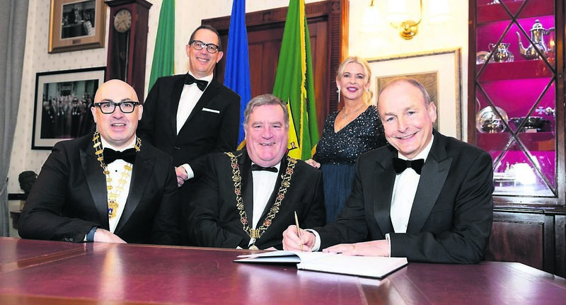 President of Cork Chamber Rob Horgan, Conor Healy, CEO Cork Chamber, Lord Mayor Cllr Dan Boyle, Valerie O’Sullivan, Chief Executive Cork Chamber and An Taoiseach Micheál Martin at the Cork Company of The Year Awards in Cork City Hall.Photo, Darragh Kane