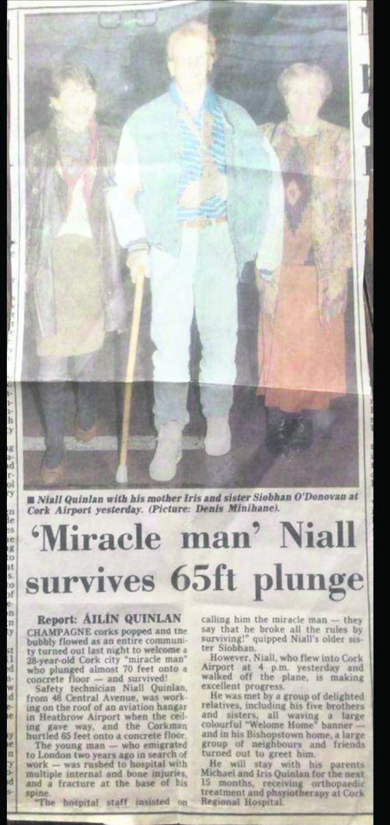 How the Examiner reported on Niall Quinlan’s accident while working at Heathrow Airport in 1991. He is pictured with his mother Iris and sister Siobhan O’Donovan How the Examiner reported on Niall Quinlan’s accident while working at Heathrow Airport in 1991. He is pictured with his mother Iris and sister Siobhan O’Donovan