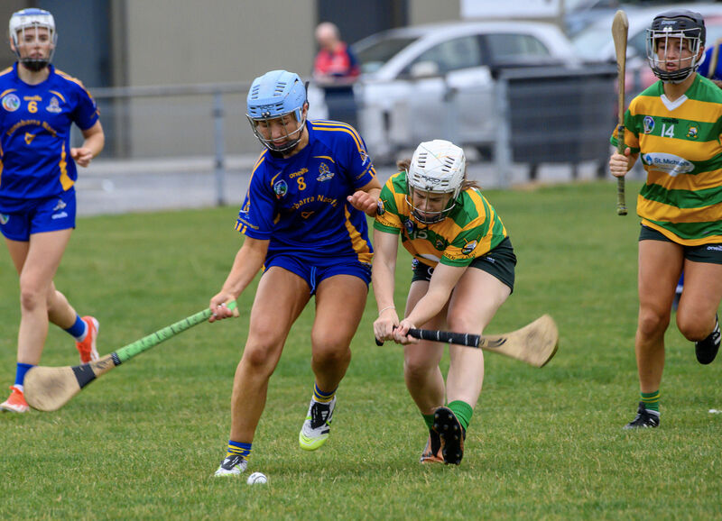  Emma Olden, St Finbarr's, tussles for the ball with Juliet O'Keeffe, Blackrock,  in their SE Systems Cork camogie championship clash at Castle Road. Both are in action in round two of the championship tomorrow night. Picture Dan Linehan