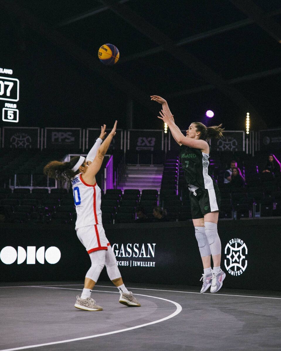 Claire O'Sullivan shows her good shooting form against the USA in the FIBA 3X3 World Series in Marseille.