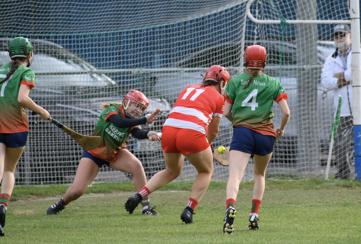 Ballinora keeper Tara O'Donoghue can not stop this shot on goal from Fiona Keating, Courcey Rovers. Picture Dan Linehan Ballinora keeper Tara O'Donoghue can not stop this shot on goal from Fiona Keating, Courcey Rovers. Picture Dan Linehan