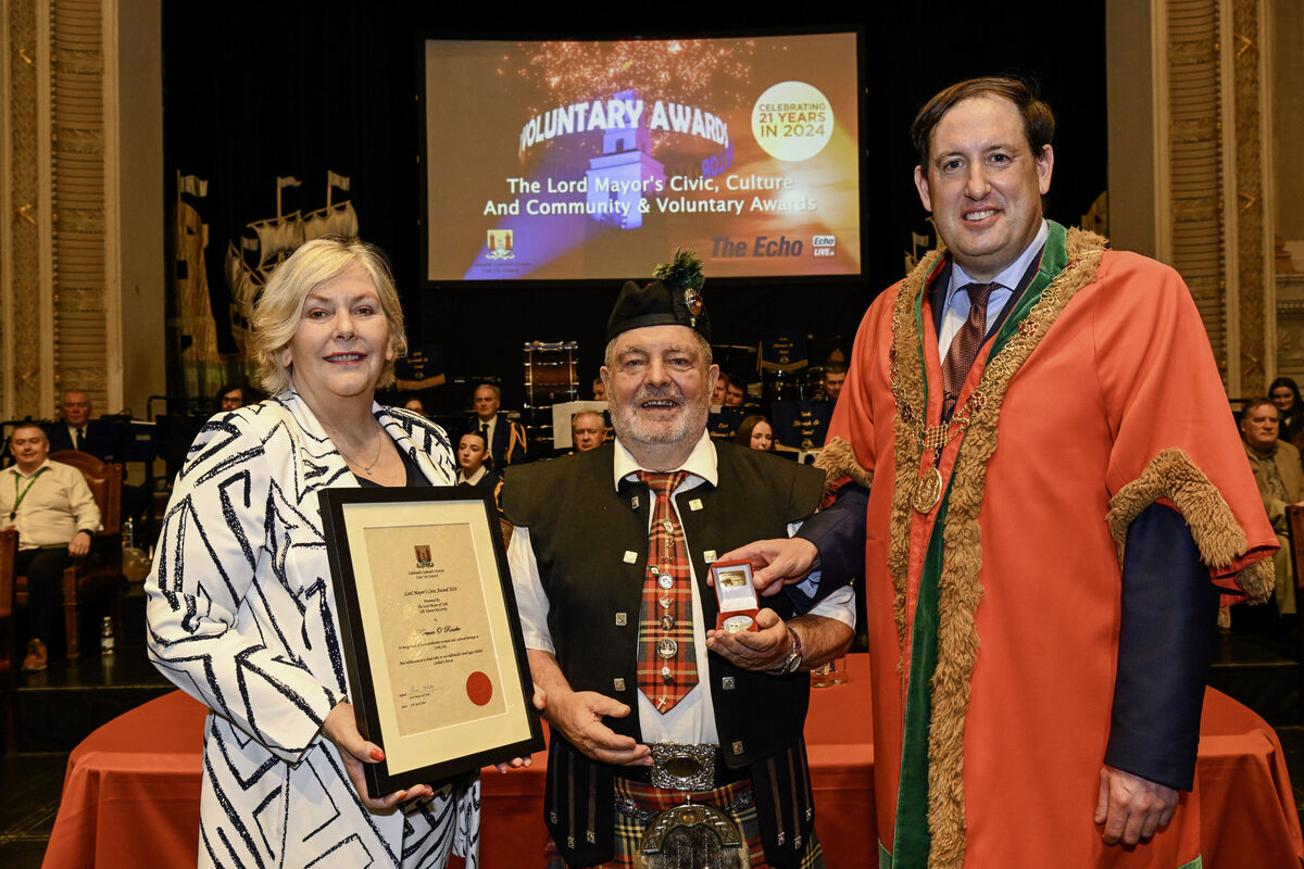 Then Lord Mayor of Cork Kieran McCarthy and Ann Doherty, then chief executive, Cork City Council, with Norman O’Rourke, who received a Civic Award in 2024 in recognition of his contribution to music and cultural heritage in Cork city. Picture: Brian Lougheed.