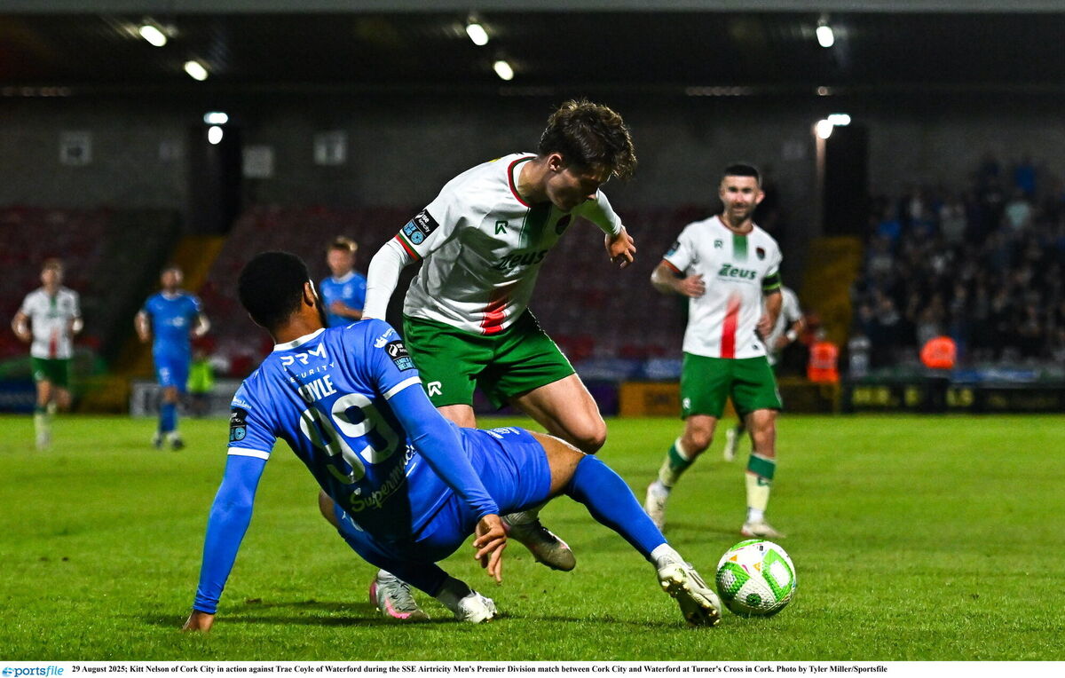 Kitt Nelson of Cork City in action against Trae Coyle of Waterford. Picture: Tyler Miller/Sportsfile Kitt Nelson of Cork City in action against Trae Coyle of Waterford. Picture: Tyler Miller/Sportsfile