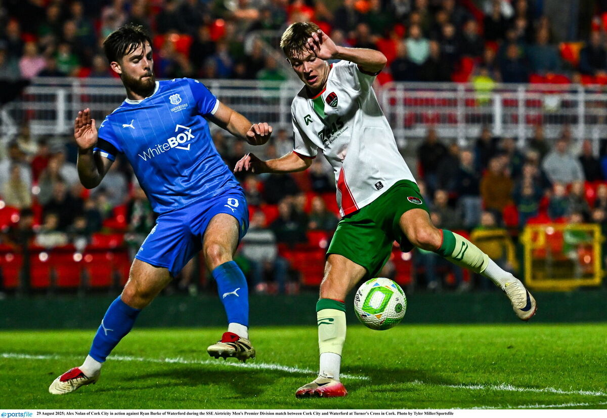 Alex Nolan of Cork City in action against Ryan Burke of Waterford. Picture: Tyler Miller/Sportsfile Alex Nolan of Cork City in action against Ryan Burke of Waterford. Picture: Tyler Miller/Sportsfile